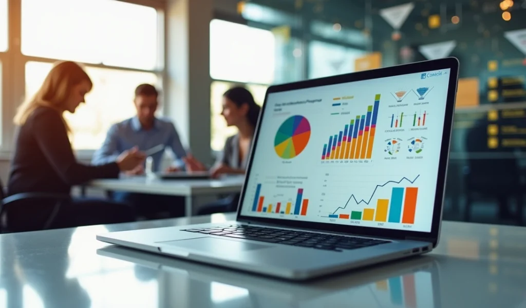 Dashboard de CRM exibindo gráficos de conversão e equipe de vendas reunida em ambiente moderno