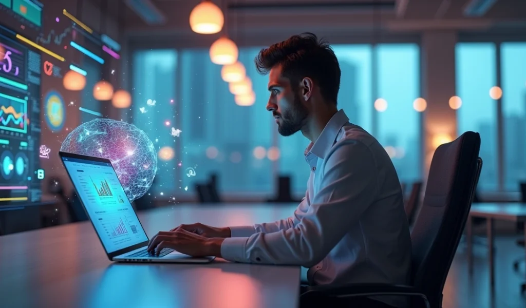 Profissional utilizando laptop com gráficos de marketing digital ao redor e elementos visuais de neuromarketing e redes sociais