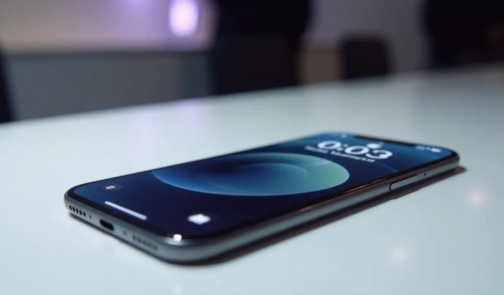 iPhone 17 Air preto ultra fino em destaque sobre mesa branca com luzes suaves e fundo desfocado