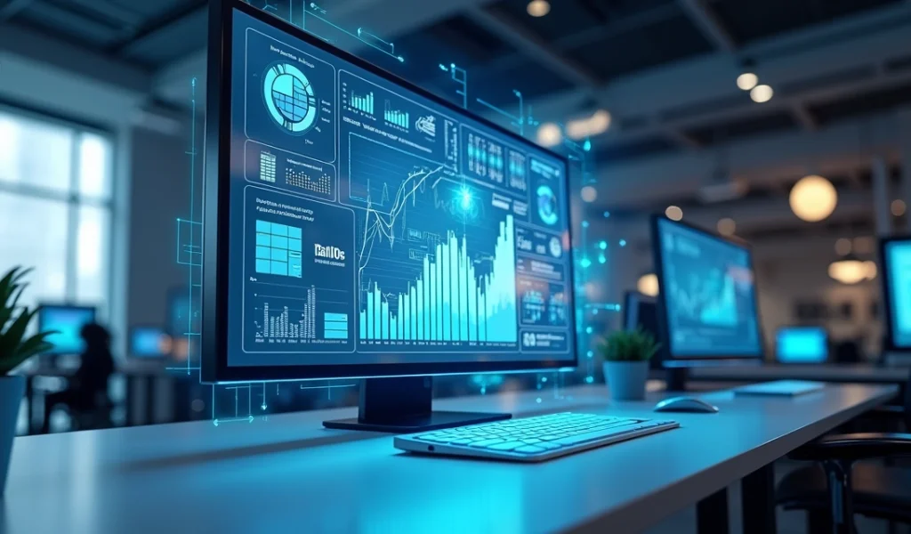Conceito de jornada do cliente com gráficos, indicadores e dados digitais em tela moderna