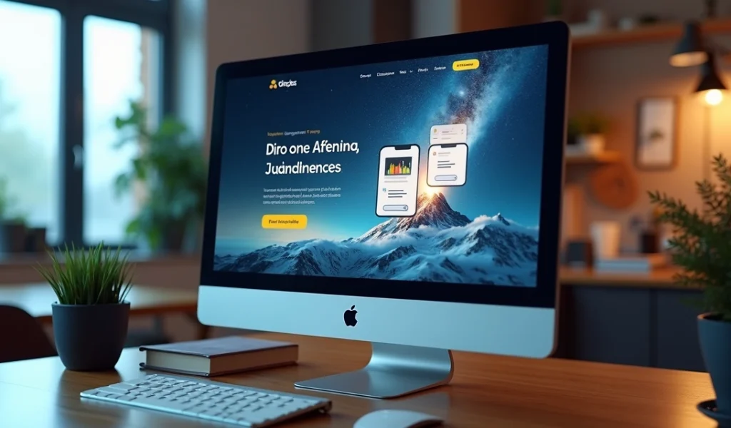 landing-page-elementos-conversao-826.webp Computador mostrando uma landing page com elementos de conversão destacados, gráfico de crescimento ao fundo e ambiente moderno de escritório