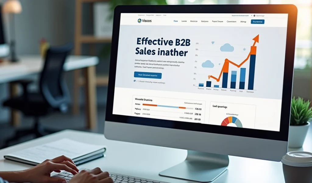 landing-page-vendas-b2b-661.webp Tela de computador mostrando uma landing page de vendas B2B com gráficos e botões de ação destacados