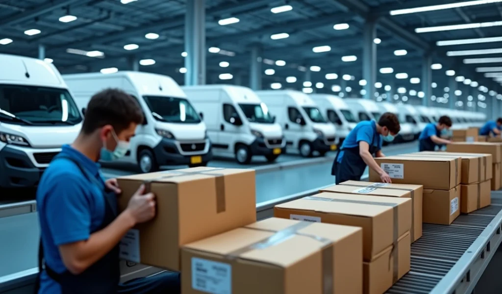 Pacotes sendo embalados e etiquetados para envio em centro logístico moderno com transportadoras ao fundo