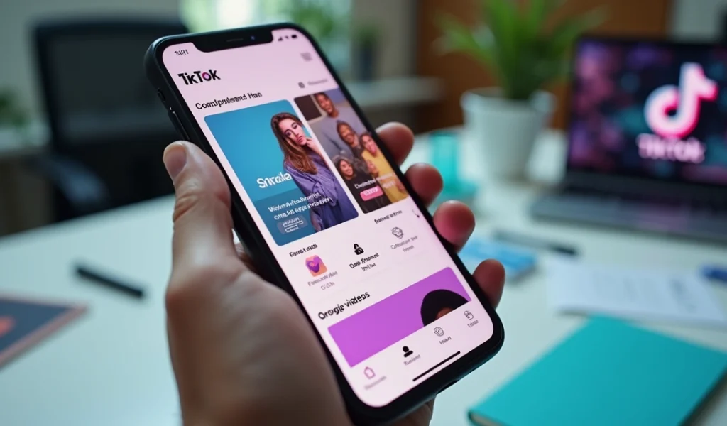 Smartphone mostrando interface do TikTok Shop com produtos e vídeos em segundo plano