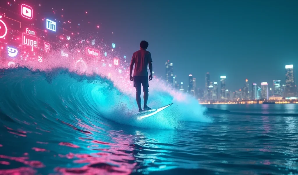 Profissional em prancha digital surfando ondas de ícones de rede social