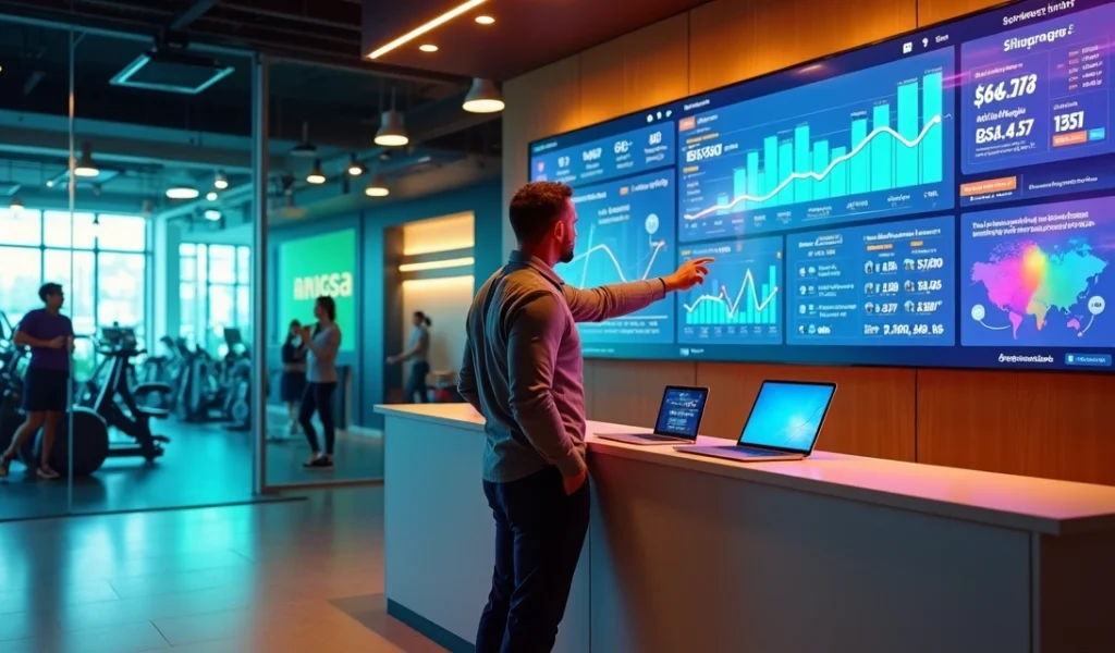 Recepção de academia moderna com telão exibindo métricas de marketing digital