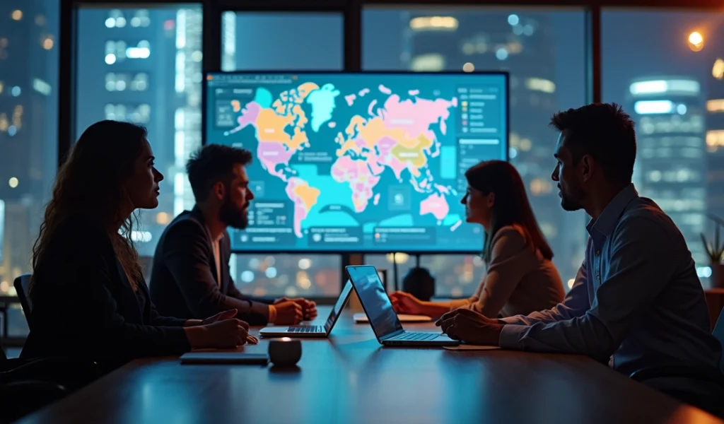 Equipe de marketing digital discutindo estratégias em escritório moderno com telas de gráficos e redes sociais ao fundo