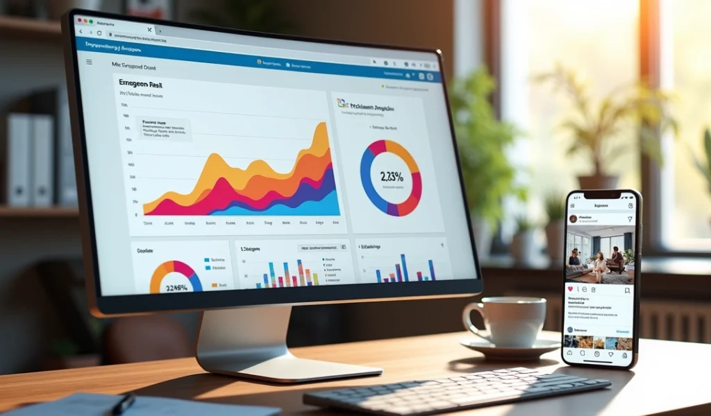 Dashboard do Instagram com gráficos de engajamento e anúncios pagos em tela de computador e celular