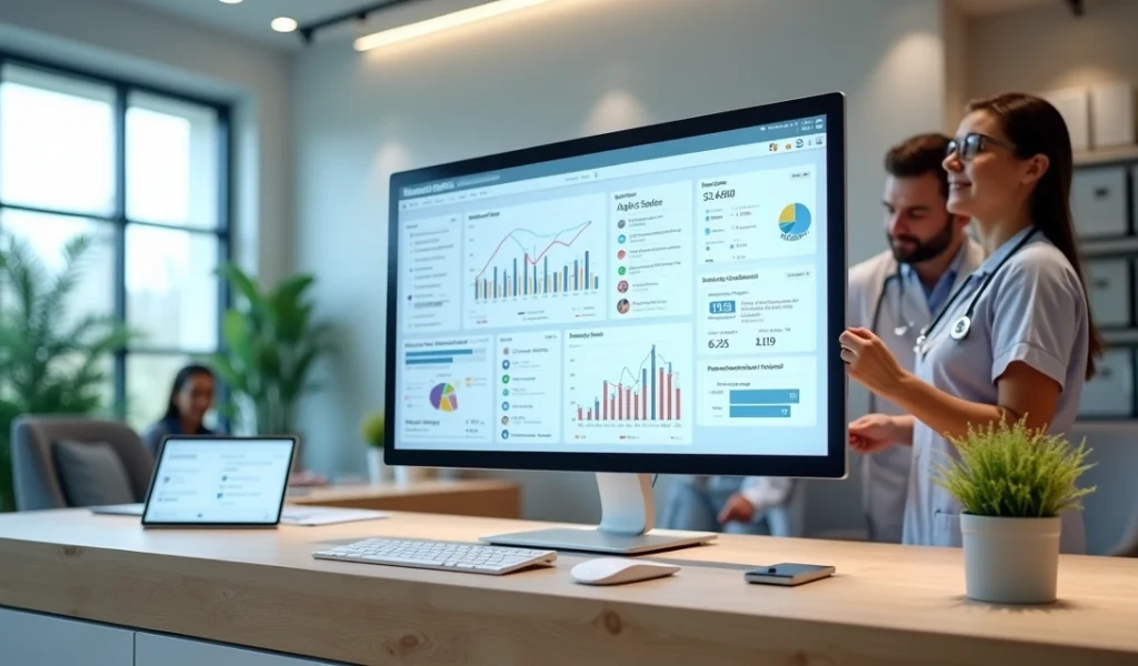 Equipe de clínica médica analisando marketing digital em vários dispositivos na recepção moderna