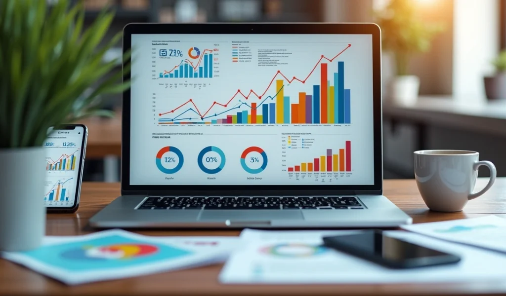 Mesa de trabalho com computador, smartphone e gráficos digitais mostrando estratégias de marketing e geração de leads