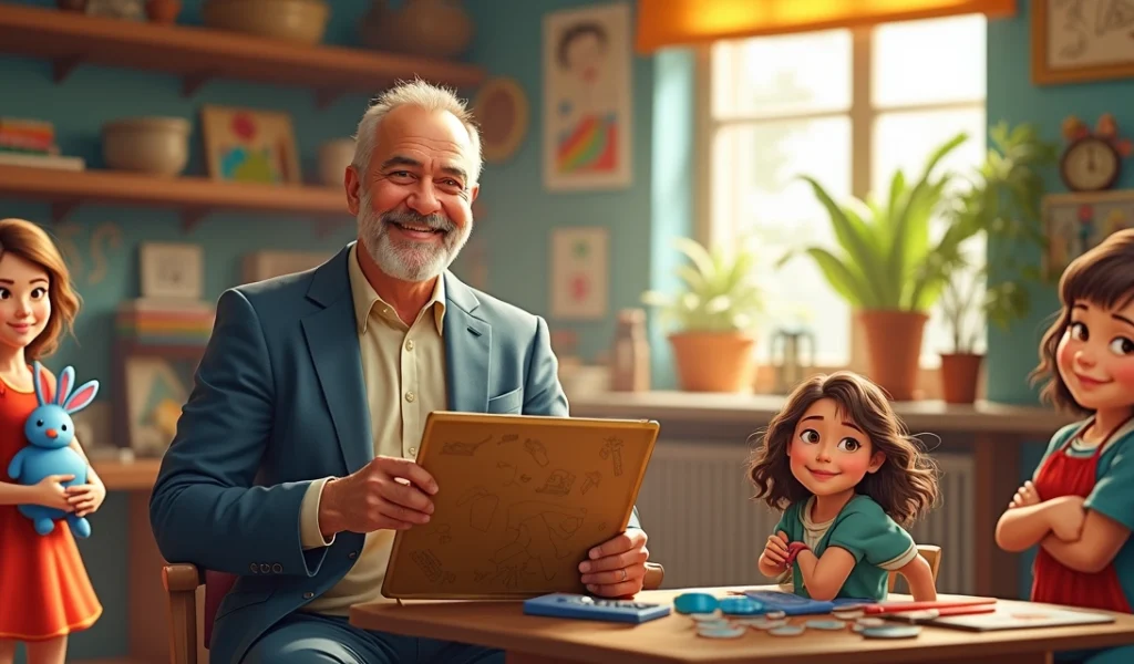 mauricio-de-sousa-turma-da-monica-643.webp Maurício de Sousa sentado sorrindo com uma prancheta de desenhos, ao lado a Turma da Mônica em estilo realista vibrante