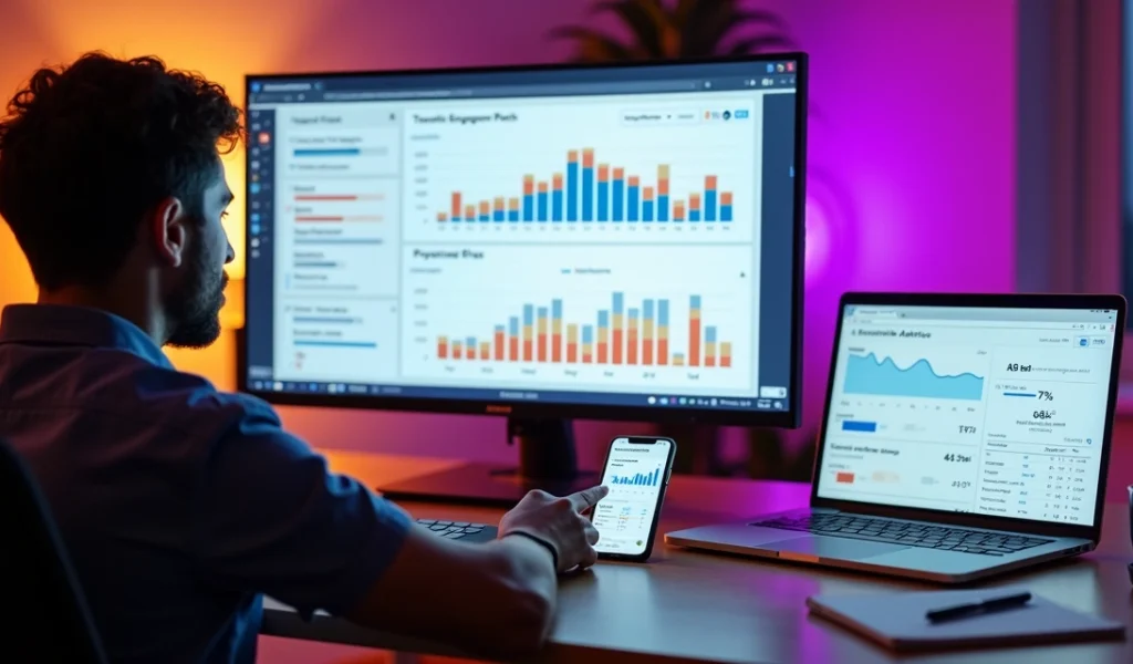 Profissional analisando gráficos de engajamento em diferentes horários nas redes sociais