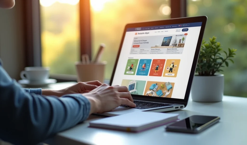 Pessoa usando laptop moderno explorando site com interface amigável e cores vibrantes