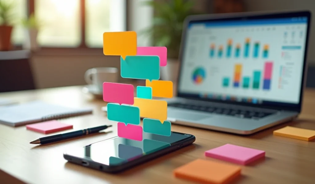 Mesa com smartphone exibindo mensagens de pós-venda, laptop aberto com gráficos e anotações de marketing digital ao lado