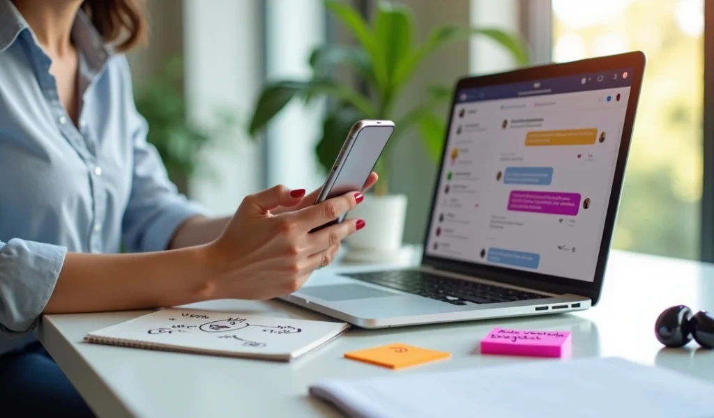 Empresária gerenciando mensagens prontas do Instagram no notebook e celular