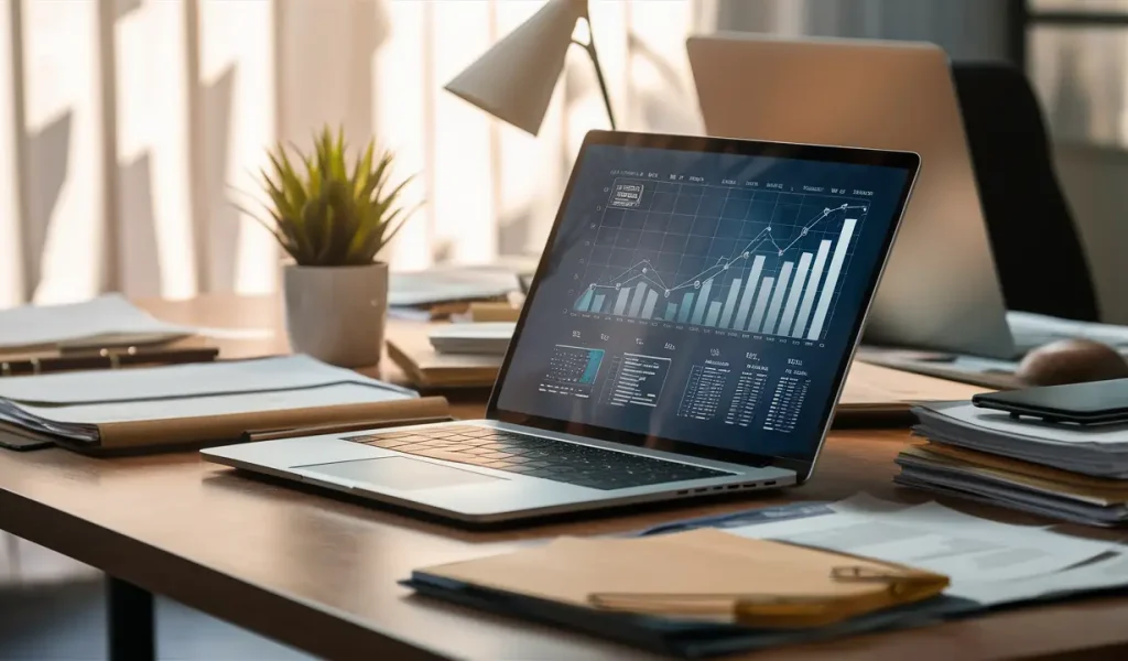 mesa-com-laptop-grafico.webp Mesa de escritório com laptop moderno exibindo gráfico, papéis organizados e planta em vaso sob luz natural suave.