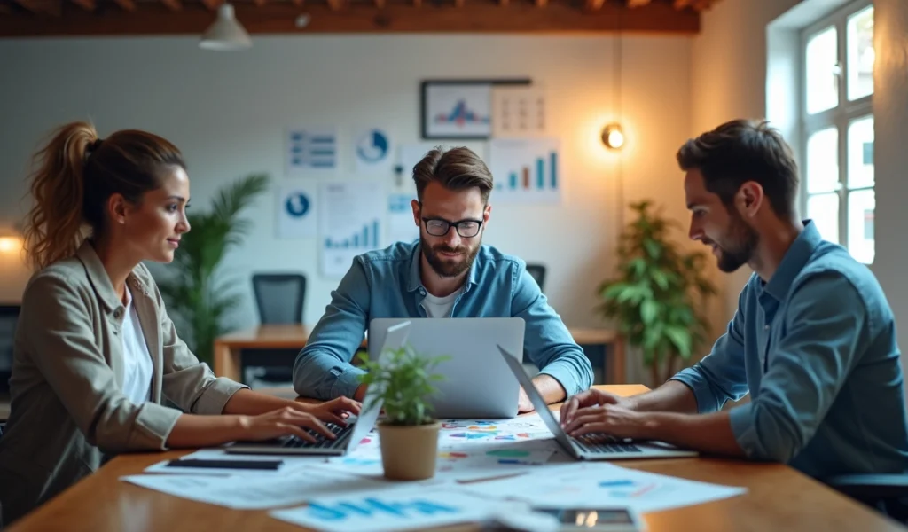 Três profissionais de marketing trabalhando em diferentes ambientes, representando equipe interna, freelancer e agência terceirizada