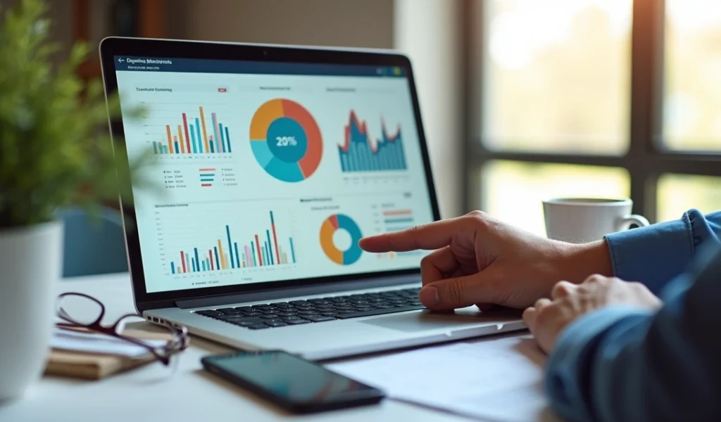 monitoramento-resultados-marketing-677.webp Pessoa analisando relatórios de marketing digital em laptop com gráficos coloridos na tela