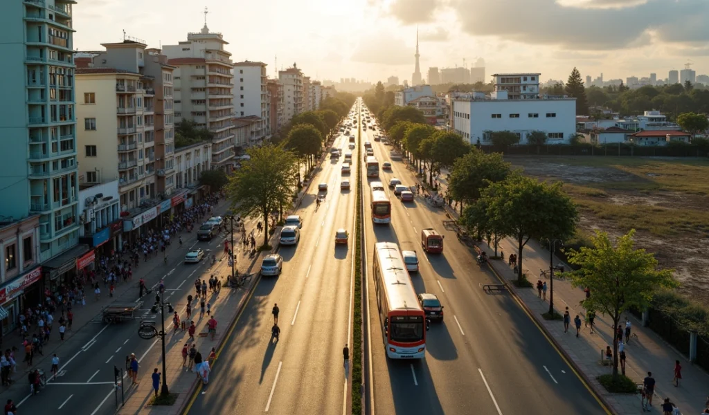 Vista aérea de rua movimentada em Curitiba ao lado de quadra com poucos prédios e fluxo