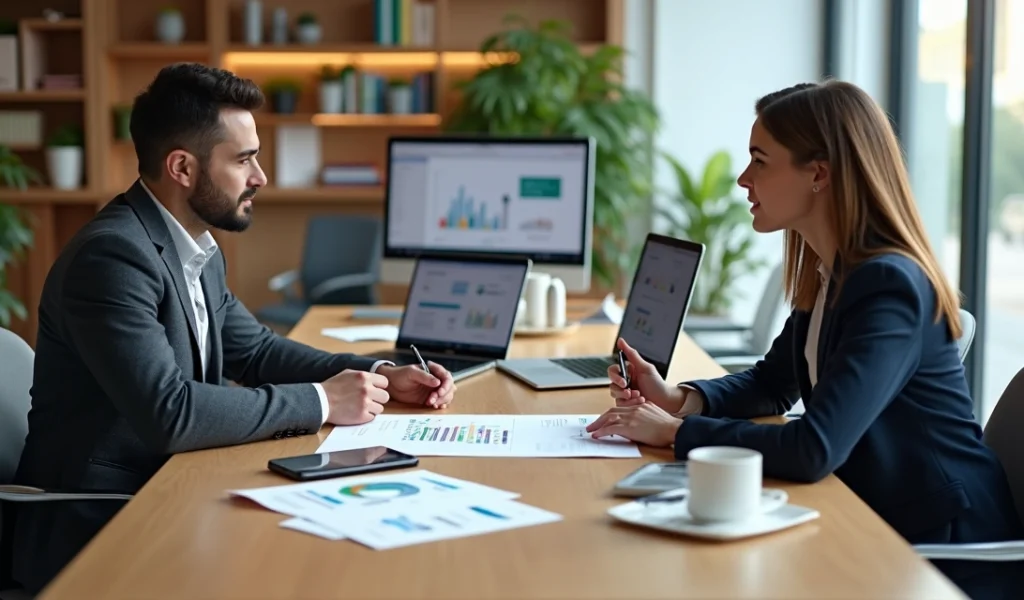 Pessoa negociando contrato com agência de marketing digital em ambiente moderno de escritório