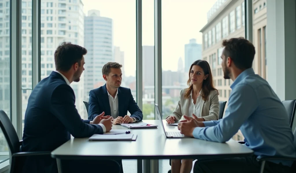 Mesa de reunião com três pessoas em discussão estratégica focada em vendas B2B