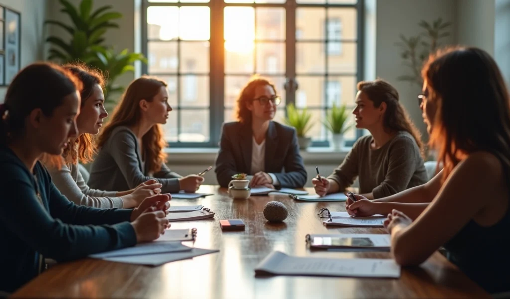 Representação realista de uma reunião de negócios com pessoas discutindo proposta de preço em ambiente moderno