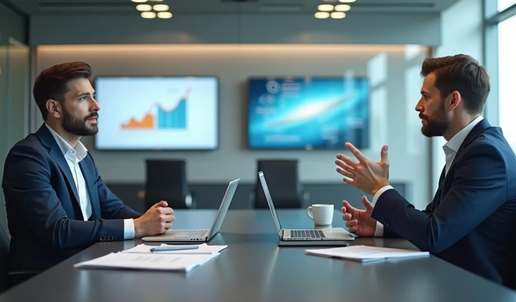 Vendedor consultivo conversando com cliente durante negociação de vendas em ambiente profissional moderno