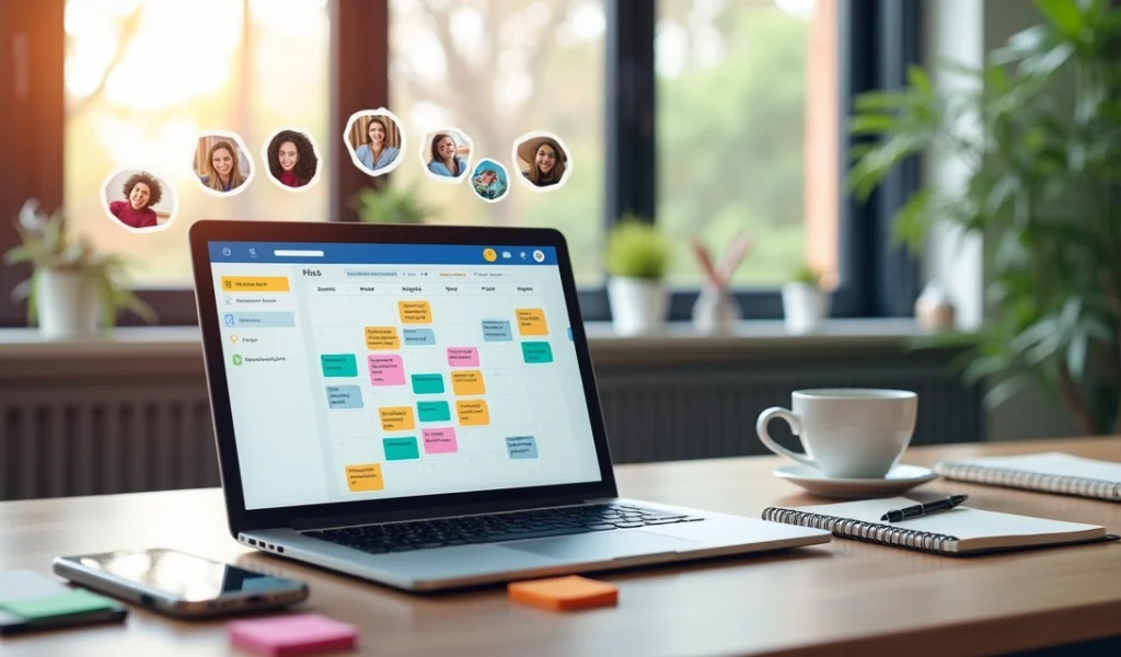 Mesa de trabalho com computador exibindo calendário editorial e múltiplos perfis de redes sociais organizados num software de agendamento de postagens