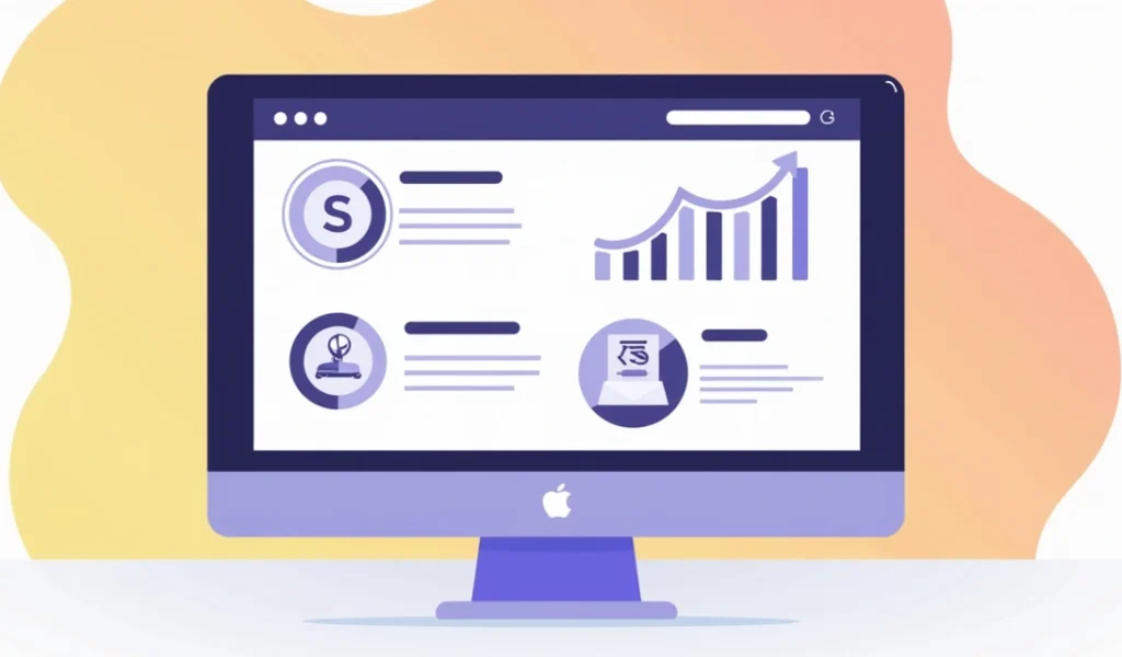 Ilustração de um site em tela de computador com elementos de navegação intuitiva, gráfico de desempenho, e ícones de velocidade e formulário de contato