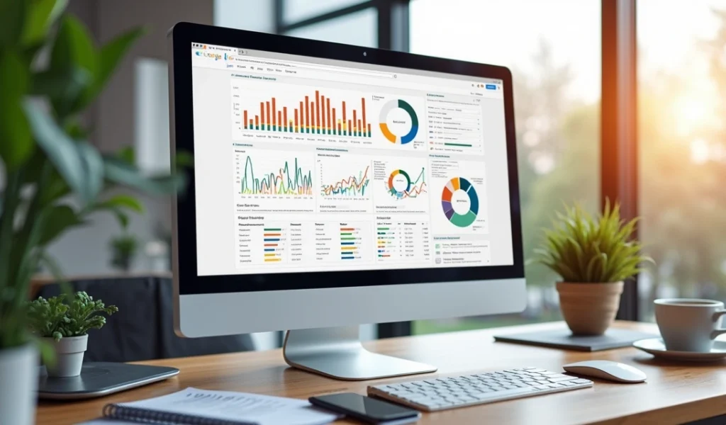 Computador mostrando análise de dados e gráficos de marketing digital com destaque para buscas no Google