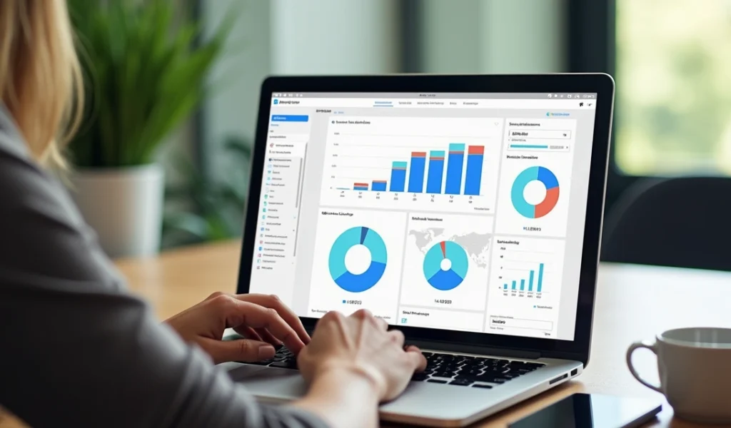 Pessoa analisando métricas de SEO local em laptop com gráficos e mapa da região na tela