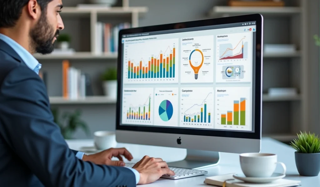 Profissional analisando gráficos de conversão em tela de computador moderno com ambiente corporativo ao fundo