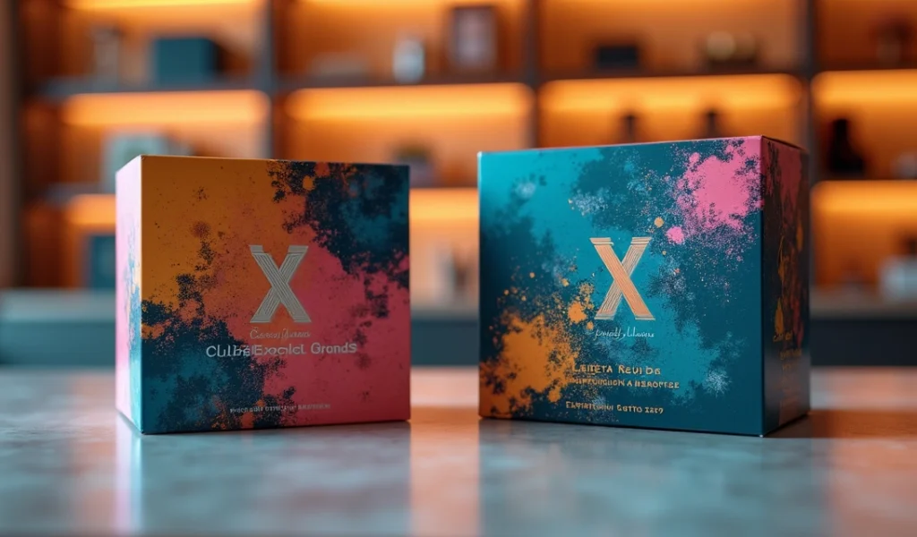 Dois produtos em edição limitada lado a lado com embalagens exclusivas e design inovador em ambiente moderno e vibrante