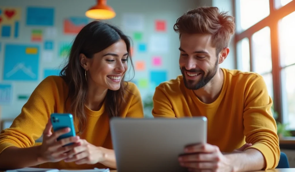 Dois influenciadores digitais com smartphones criando conteúdo em ambiente moderno e colorido