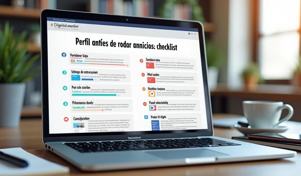 Computador com tela mostrando checklist digital para preparação de perfil antes de anúncios, com gráficos, ícones de redes sociais e configurações de conta abertas
