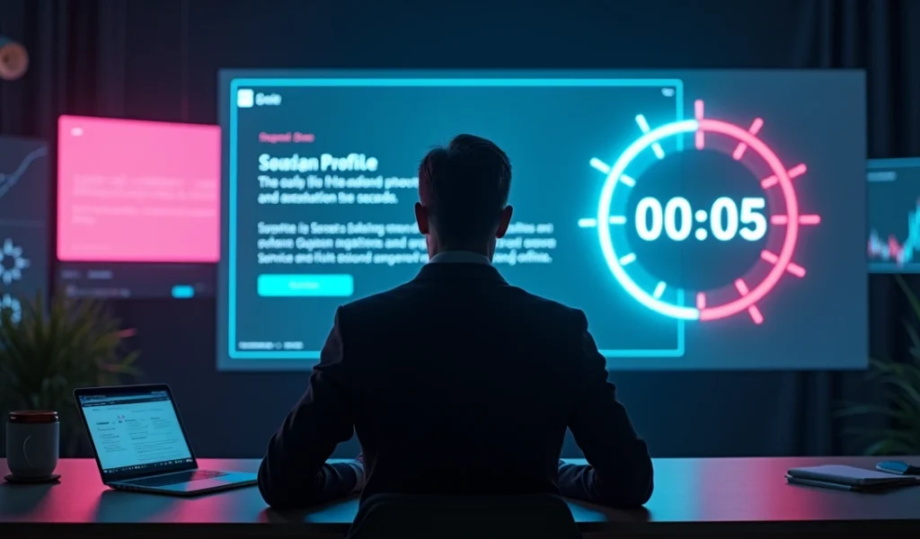 Empresário olhando tela gigante com perfil digital destacado em cinco segundos