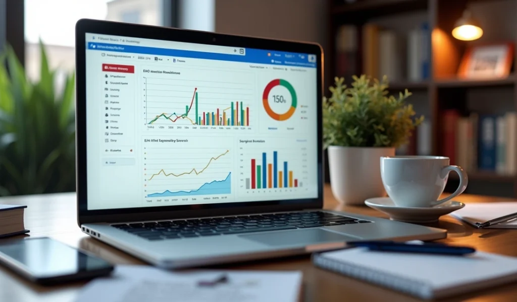 Mesa de trabalho com laptop aberto em ferramenta de pesquisa de palavras-chave, gráficos e anotações ao redor