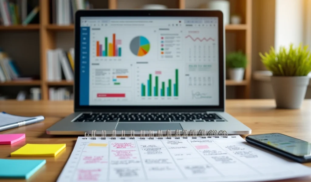 Mesa de trabalho com planejamento de campanha de marketing para setembro, com calendário, notas adesivas coloridas, gráficos e laptop aberto mostrando dados de vendas