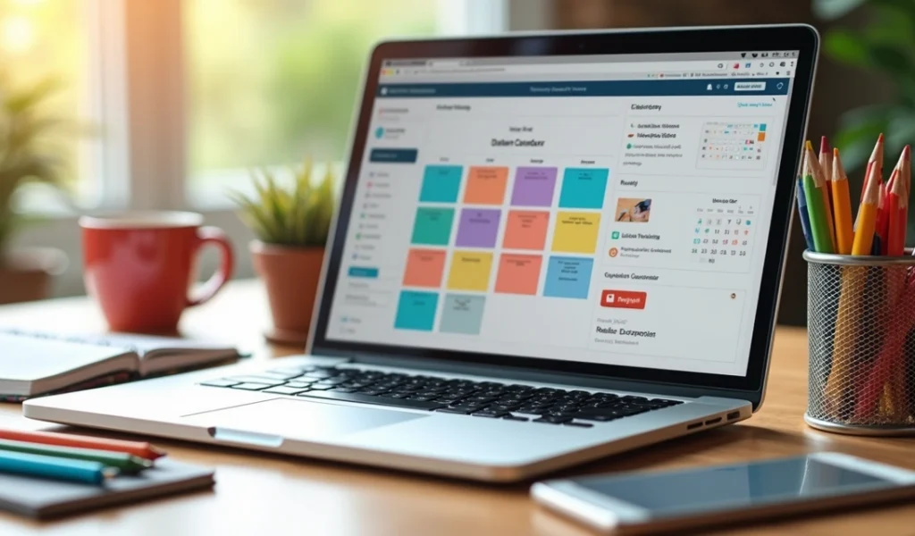Mesa de trabalho com laptop aberto mostrando calendário de postagens digitais, cadernos, canetas coloridas e smartphone exibindo redes sociais