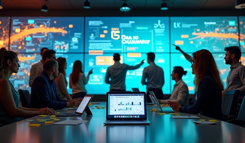 Equipe de marketing analisando dados em painel digital com ícones de promoções online