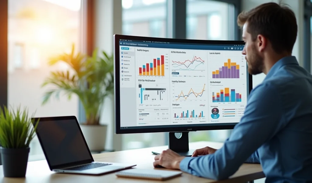 Profissional analisando gráficos de marketing digital em tela de computador moderno com planejamento estratégico e dados