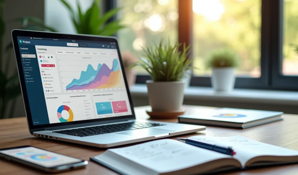 Mesa de trabalho com laptop mostrando gráficos de redes sociais, planner aberto, e smartphone com notificações de engajamento