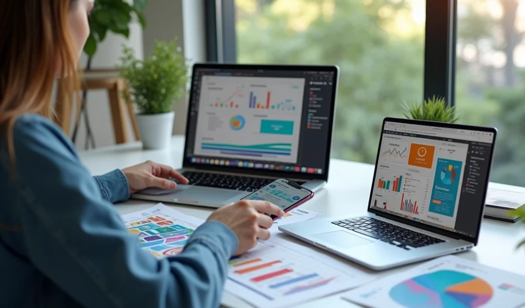 planejamento-gerenciamento-redes-sociais-curitiba-808.webp Pessoa planejando estratégias de redes sociais com laptop, smartphone e gráficos coloridos em mesa de escritório moderno