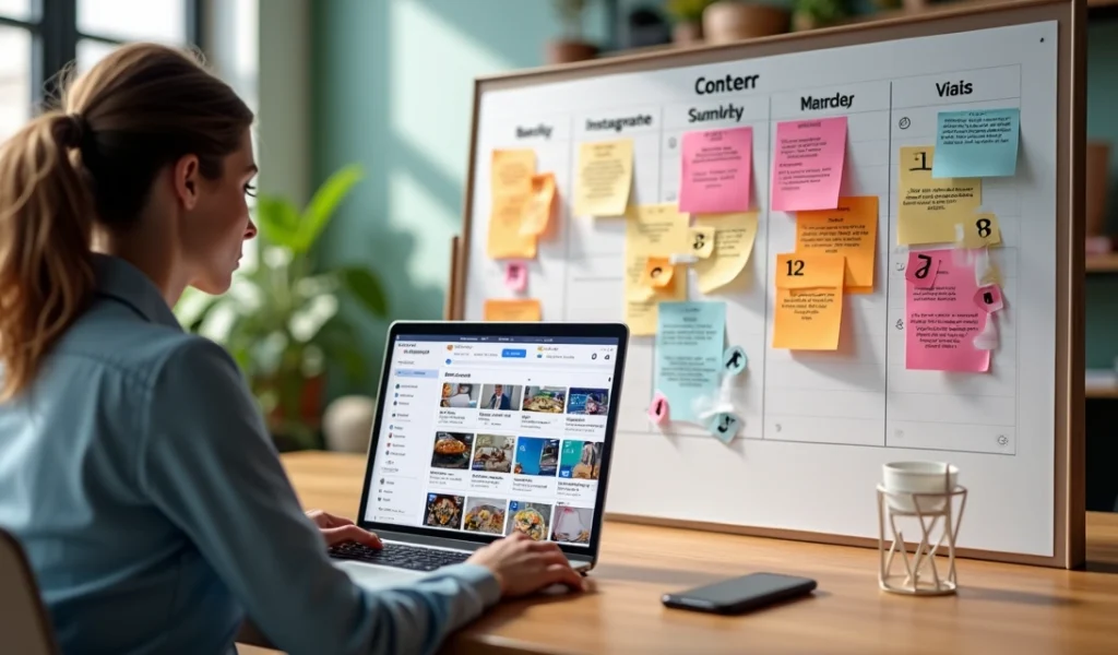 Profissional planejando semana de posts em painel com calendário e redes sociais
