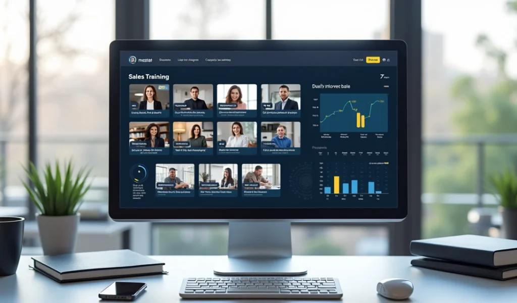 Tela de computador mostrando plataforma de treinamento em vendas com gráficos e cursos online