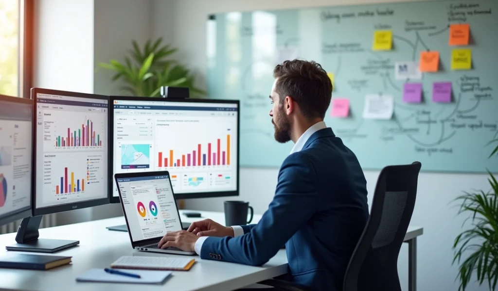 Profissional analisando estratégia de marca nas redes sociais em múltiplas telas