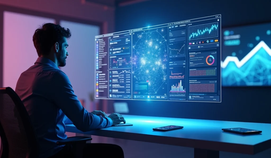 Profissional analisando painel com posts e métricas de redes sociais em tela holográfica