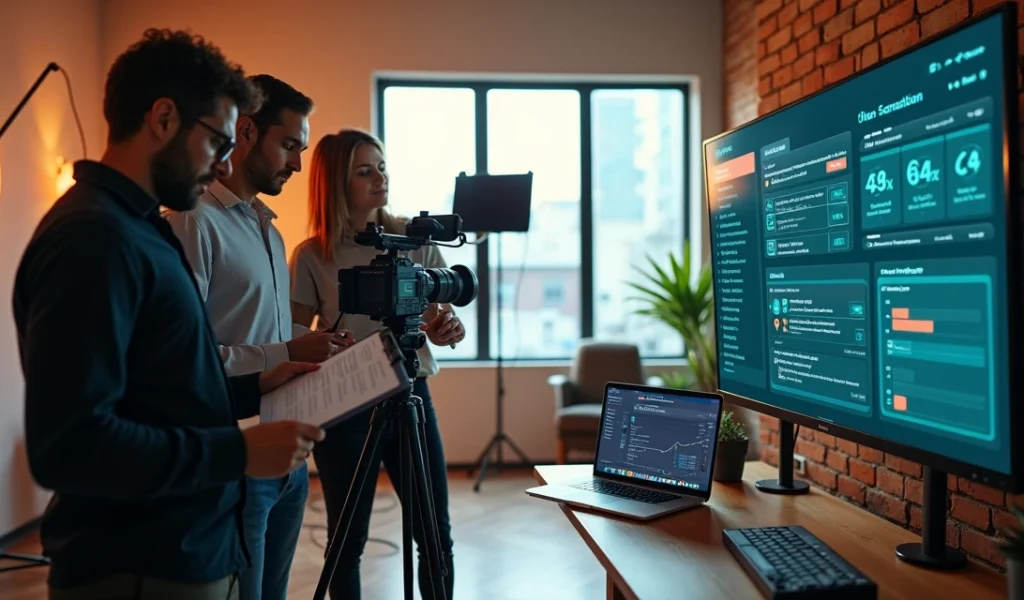 Equipe de produtora de vídeo ajustando câmera em estúdio moderno com tela exibindo gráficos de marketing digital