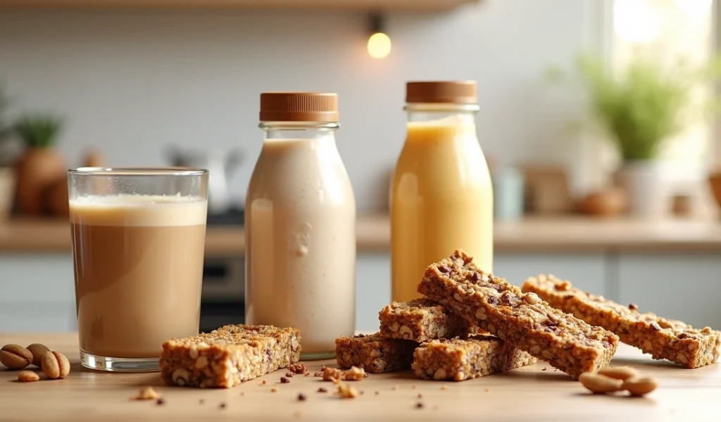 Diversos produtos proteicos como barrinhas, shakes e snacks em embalagem atrativa sobre mesa clara