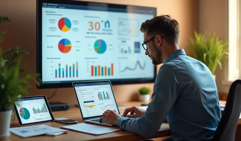 Profissional de marketing digital focado criando conteúdo em laptop moderno com gráficos e anotações sobre vendas B2B